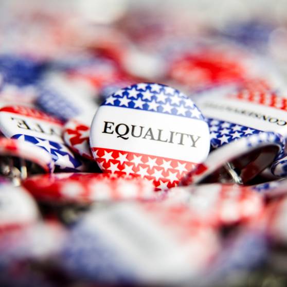 This shows a set of pins with slogans such as "equality."