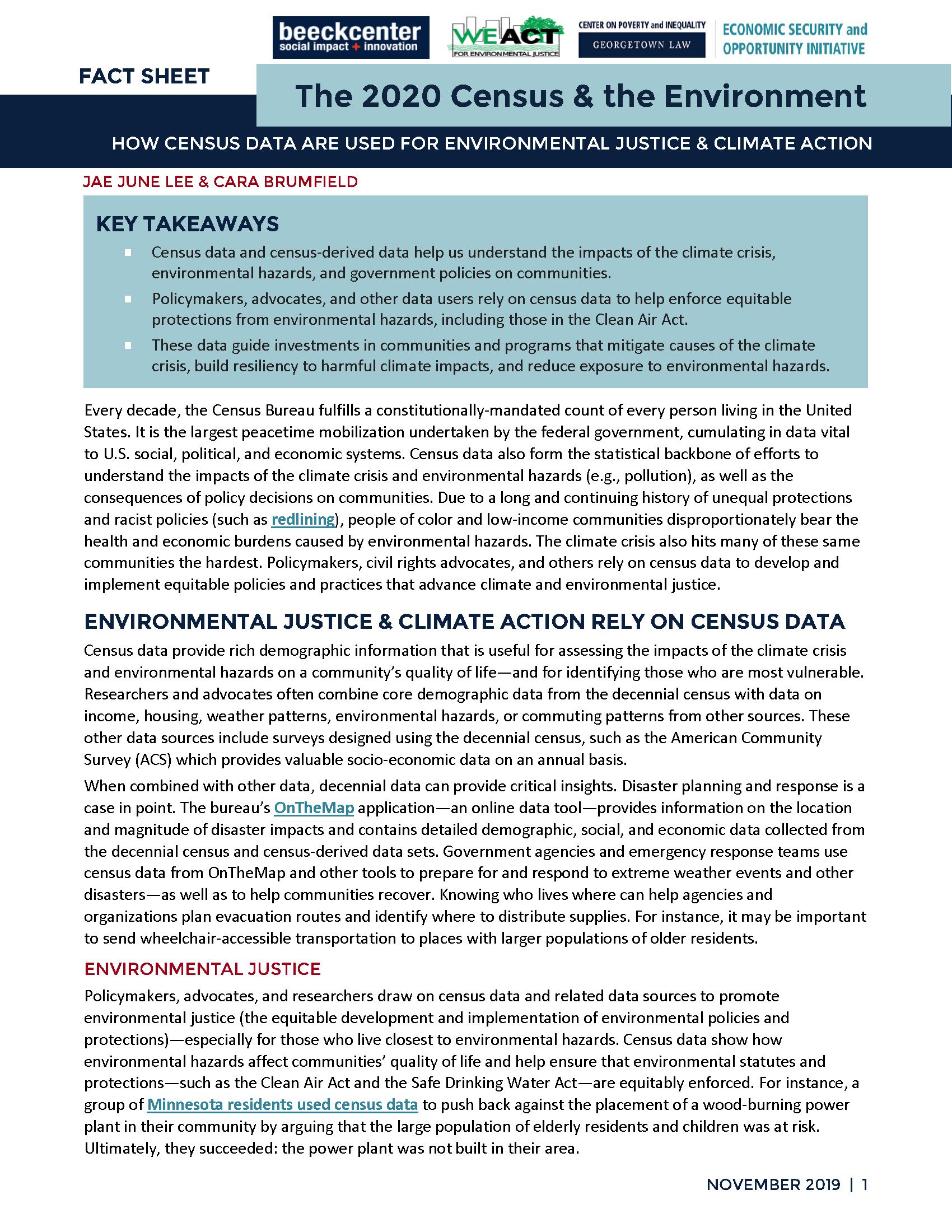 Cover of 2020 Census & the Environment Fact Sheet