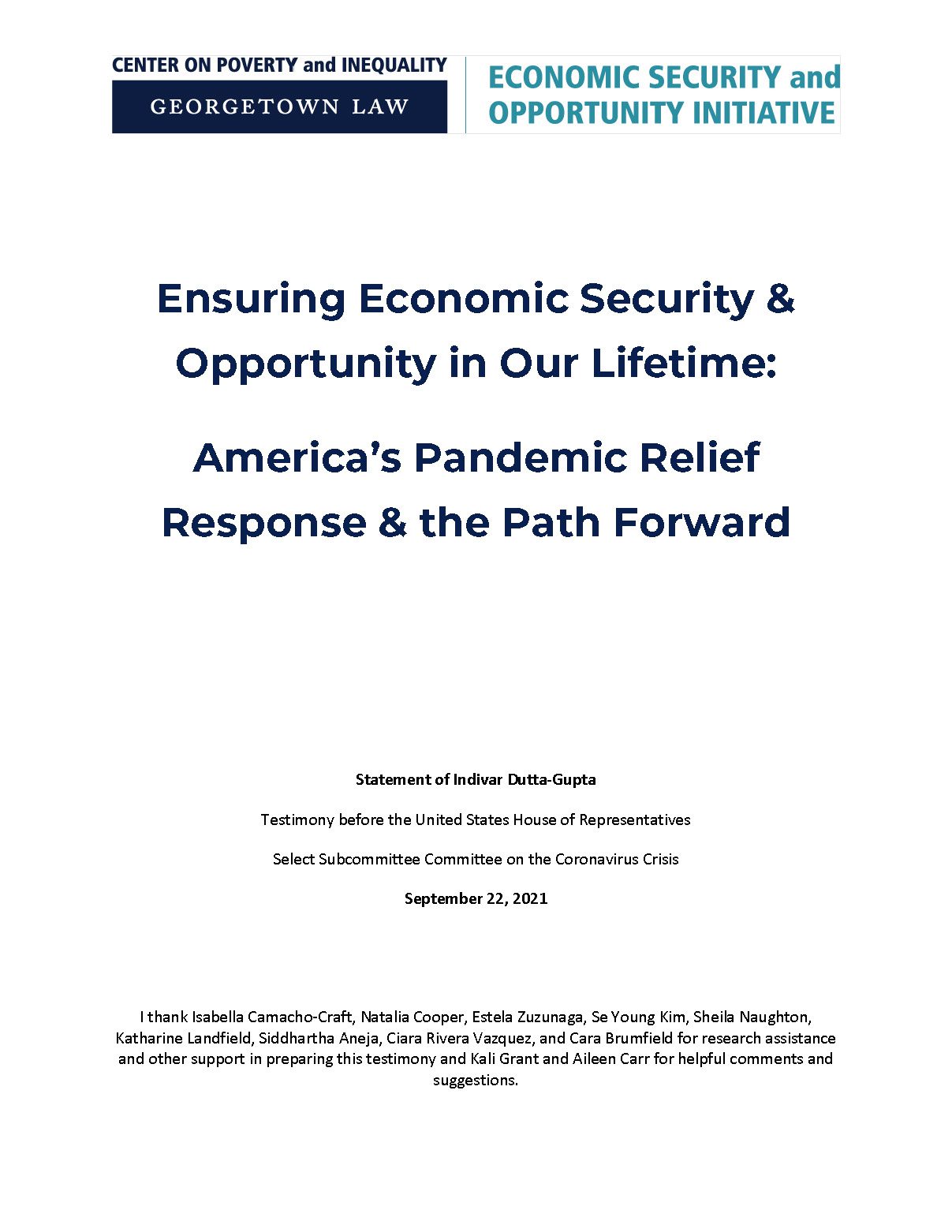 Ensuring Economic Security & Opportunity in Our Lifetime: America's Pandemic Relief Response & The Path Forward testimony cover
