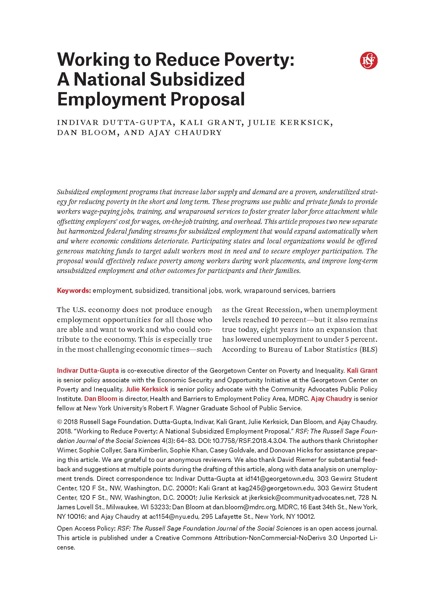 Working to Reduce Poverty: A National Subsidized Employment Proposal