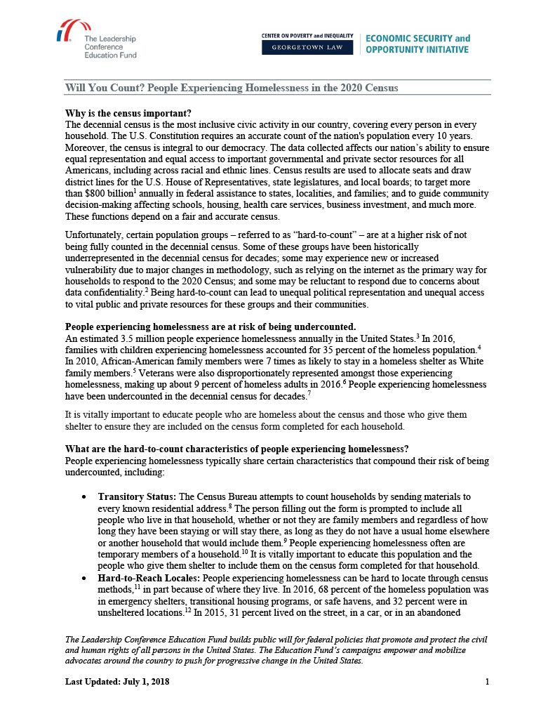 People Experiencing Homelessness in the 2020 census, Fact Sheet